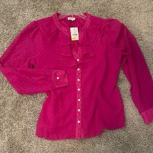 NWT- J. Crew Fuchsia Ruffled V neck Blouse, button up the front size small